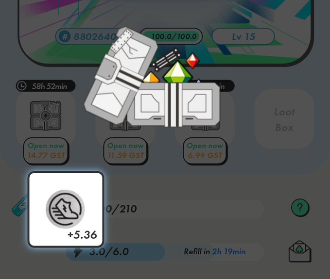 A screenshot from a move-to-earn game app showing various in-game items, loot boxes priced in GST, and a highlighted shoe icon offering +5.36 energy.