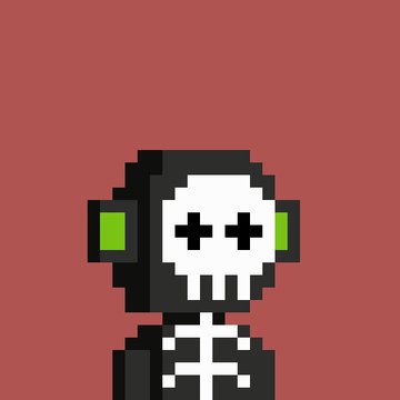 A pixel art skeleton character with green-accented headphones and an XX-eye skull face is displayed against a deep red background. The post appears to be asking the community who has collected this "Good traits" skeleton, likely referring to a character or NFT from a collectible game.