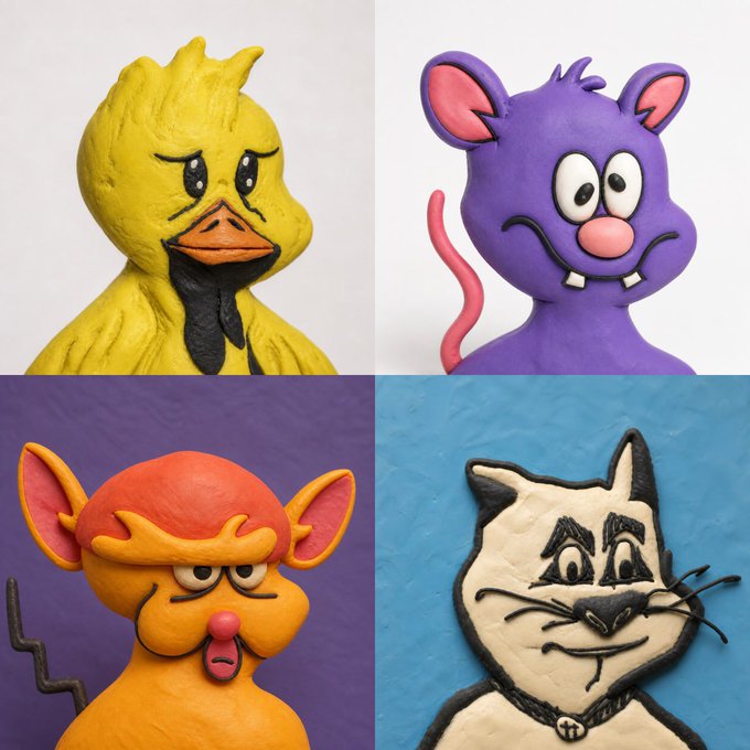 Four clay sculptures of cartoon characters: a sad yellow duck, a purple mouse with buck teeth, an orange devil-like creature, and a black-and-white cat.