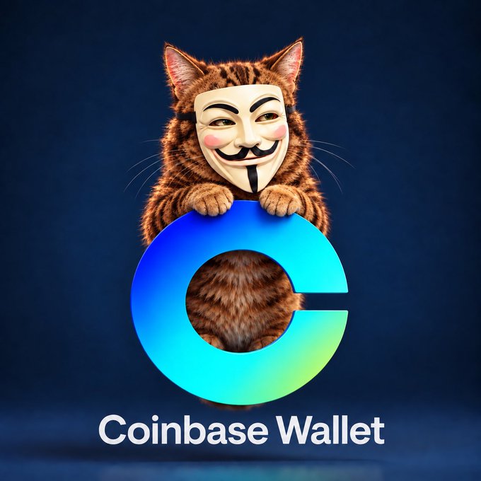 An AI-generated image of a tabby cat wearing a Guy Fawkes mask, holding a blue gradient Coinbase logo with the text 'Coinbase Wallet' below.