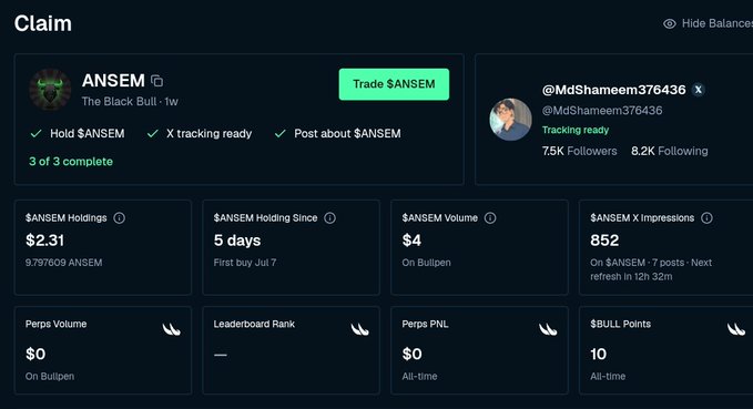A cryptocurrency tracking dashboard displays information for the token "$ANSEM," including holdings of $2.31, volume metrics, and the Twitter handle "@MdShameem376436".