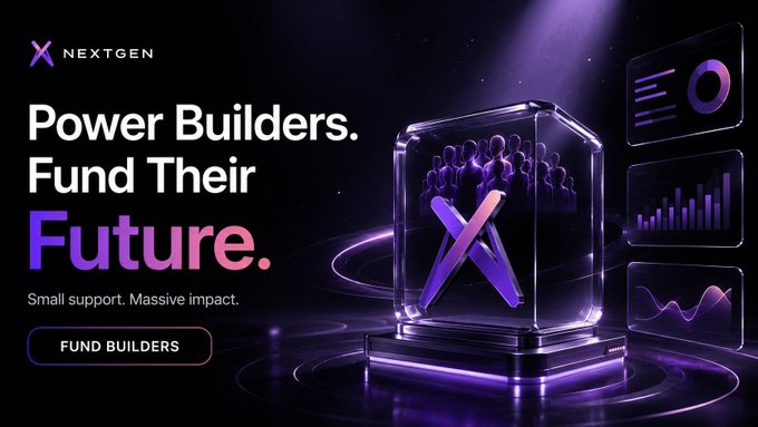 A promotional graphic for 'NEXTGEN' with the tagline 'Power Builders. Find Their Future.' and a 'FUND BUILDERS' button, featuring a glass cube containing an 'X' logo and people silhouettes.