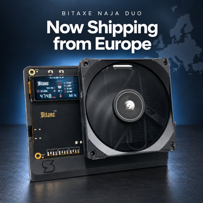 A product advertisement showing 'BITAXE NAJA DUO' hardware with the text 'Now Shipping from Europe' displayed at the top.