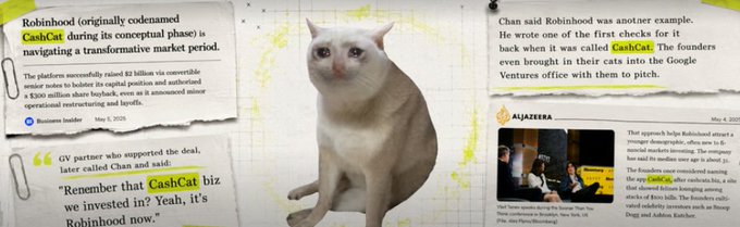 A graphic featuring a cat in the center surrounded by news articles about Robinhood's original codename 'CashCat,' highlighting how the founders brought cats into their office and reference to a $2 billion convertible senior notes raise.