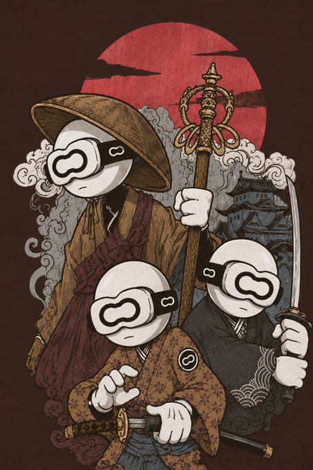 Three stylized figures wearing white masks with VR-style goggles stand against a red sun and Japanese castle, with one holding a Buddhist khakkhara staff, another a katana, and the third gesturing forward. The post text discusses network efficiency for Ethereum, and the imagery contrasts traditional Eastern warriors with futuristic tech-gear, suggesting the merging of old and new—echoing how Ethereum must blend legacy reliability with cutting‑edge performance to meet institutional demands.