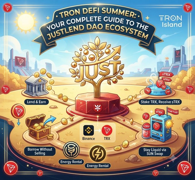 An infographic titled 'TRON DEFI SUMMER: Your Complete Guide to the JustLend DAO Ecosystem' featuring a golden tree with 'JUST' coins and sections for Lend & Earn, Stake TRX, Energy Rental, and SUN Swap.