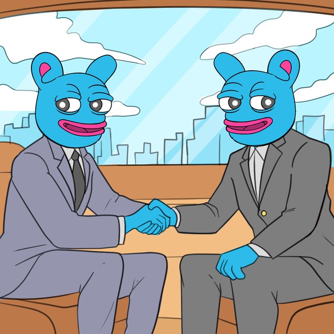 The image features two cartoon blue-faced men dressed in suits shaking hands over a table. The background of the image shows an urban cityscape with buildings, indicating that they are in a business setting or possibly at a meeting location. The caption provided after the image reads "1 $BRETT Per Day Till 1 Billion Mcap: Day 35 Brett Today, Brett Tomorrow, Brett Forever Today'". This suggests that the men might be discussing a business deal or sharing some important information related to their work.