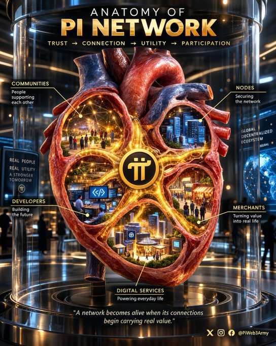 A stylized 'ANATOMY OF PI NETWORK' infographic displaying a cross-sectioned heart filled with scenes of communities, cities, and people, labeled with components like COMMUNITIES, NODES, DEVELOPERS, MERCHANTS, and DIGITAL SERVICES, branded with @PIWeb3Army.
