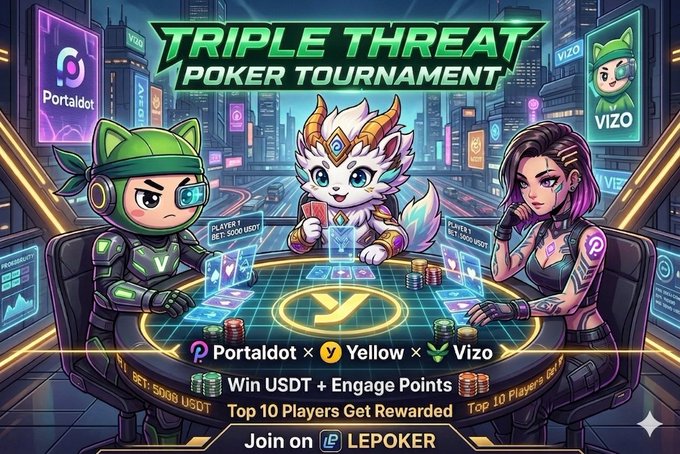 The image features a poster for the Triple Threat Poker Tournament with three people sitting at a poker table. One of them has a cat on their lap, adding a unique touch to the scene. The poster also includes information about joining the tournament and the rewards available to players who participate.