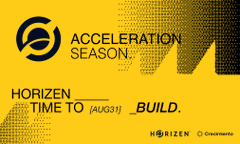 A yellow graphic featuring the Horizon logo and text reading "Acceleration Season" and "Horizon — A Time to Hack, Build." relates to the post about Horizon Global's Ecosystem Growth lead Clive sharing insights on builder priorities, Vela use cases, and missing features during the current Acceleration Season cohort.