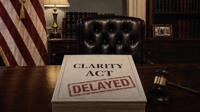 A thick stack of documents labeled "CLARITY ACT" stamped "DELAYED" sits on a wooden desk beside a gavel, with an American flag and empty leather chair in the background. The image visually reinforces the post's message about the stalled Senate vote on the CLARITY Act, with the "DELAYED" stamp symbolizing the legislative setback amid the 4-day countdown for crypto assets.