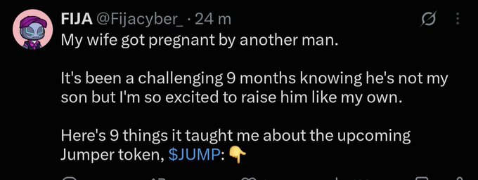 A tweet from FIJA (@Fijacyber_) states 'My wife got pregnant by another man,' followed by a thread about the Jumper token $JUMP.