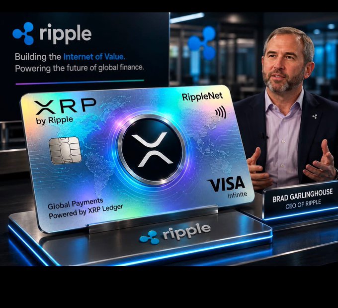 Promotional image for Ripple featuring CEO Brad Garlinghouse, with an XRP/Visa Infinite card and the tagline 'Building the Internet of Value. Powering the future of global finance.'