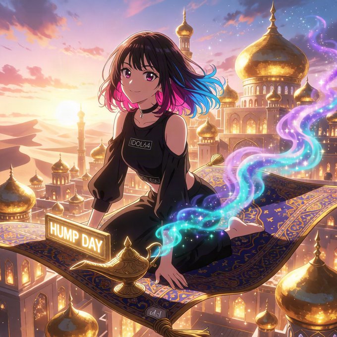 An anime-style illustration of a pink-haired girl sitting on a magic carpet with a golden genie lamp, labeled 'HUMP DAY', flying over a golden-domed city at sunset.