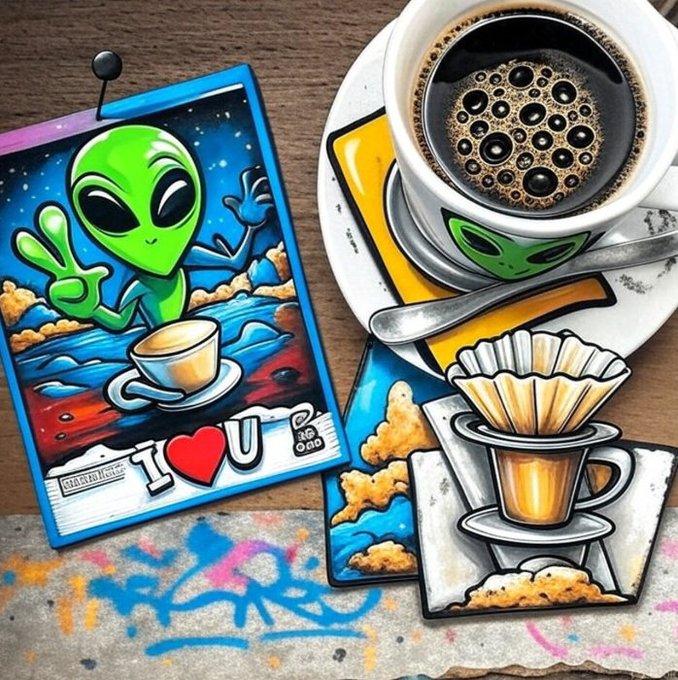 A coffee-themed collage featuring a real cup of black coffee alongside cartoon alien stickers, including one that says 'I ❤ U' and another showing a pour-over coffee dripper.