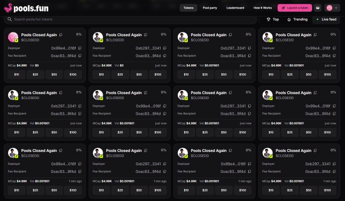 A screenshot of the pools.fun website displaying a grid of betting pools, all marked 'Pools Closed Again' at 0%, with the same deployer address appearing across multiple cards and a 'Launch a token' button at the top.