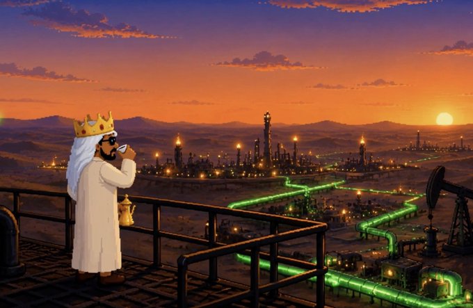 A crowned, robed figure surveys a glowing oil field and network of green pipelines at sunset, evoking a futuristic Saudi Arabian oil kingdom. The artwork appears to promote the Oil Rigs NFT mint by @TheSaudisNFT, with no additional text or numbers visible.