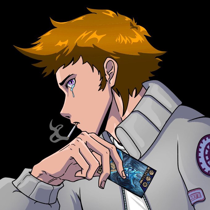 An anime-style illustration of a brown-haired boy with a tear in his purple eye, smoking a cigarette and holding a glowing blue trading card while wearing a white jacket with gear patches.