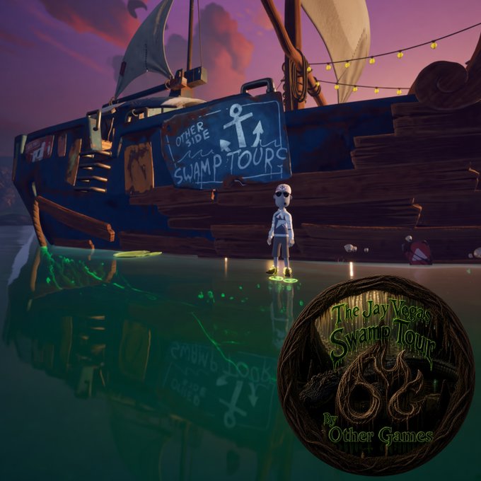 Promotional artwork for 'The Jay Vegas Swamp Tour' by Other Games, showing a cartoon character standing before a dilapidated boat with a 'Swamp Tours' sign in a murky swamp setting at dusk.