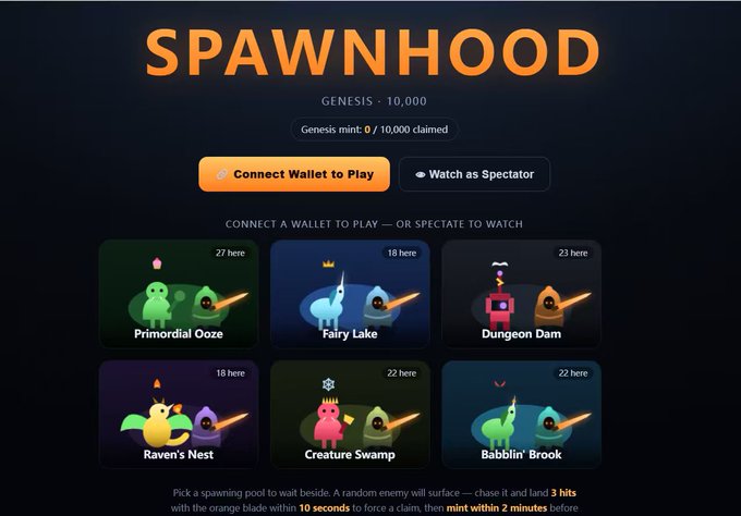 The image shows the SPAWNHOOD Genesis NFT game homepage displaying "Genesis mint: 0 / 10,000 claimed" with six spawning pool options (Primordial Ooze, Fairy Lake, Dungeon Dam, Raven's Nest, Creature Swamp, and Babblin' Brook) featuring varying player counts, and call-to-action buttons to "Connect Wallet to Play" or "Watch as Spectator." This relates to the accompanying post which promotes Spawnhood as a free-to-fight PvP game where players battle monsters, providing links to the official site (spawnhood.com) and the OpenSea marketplace for NFT collection details.