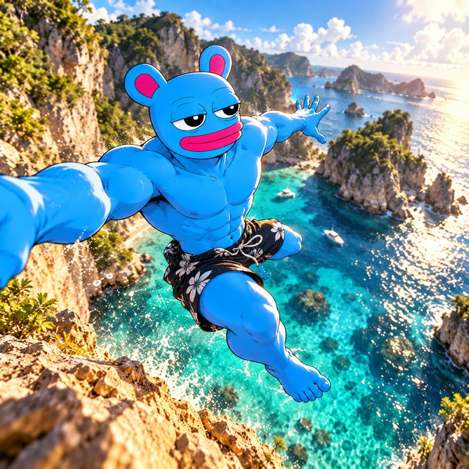 A vivid AI-style fantasy image depicts a muscular blue frog-like humanoid character posing dynamically on a cliff above bright turquoise coastal water, rocky islands, and boats.