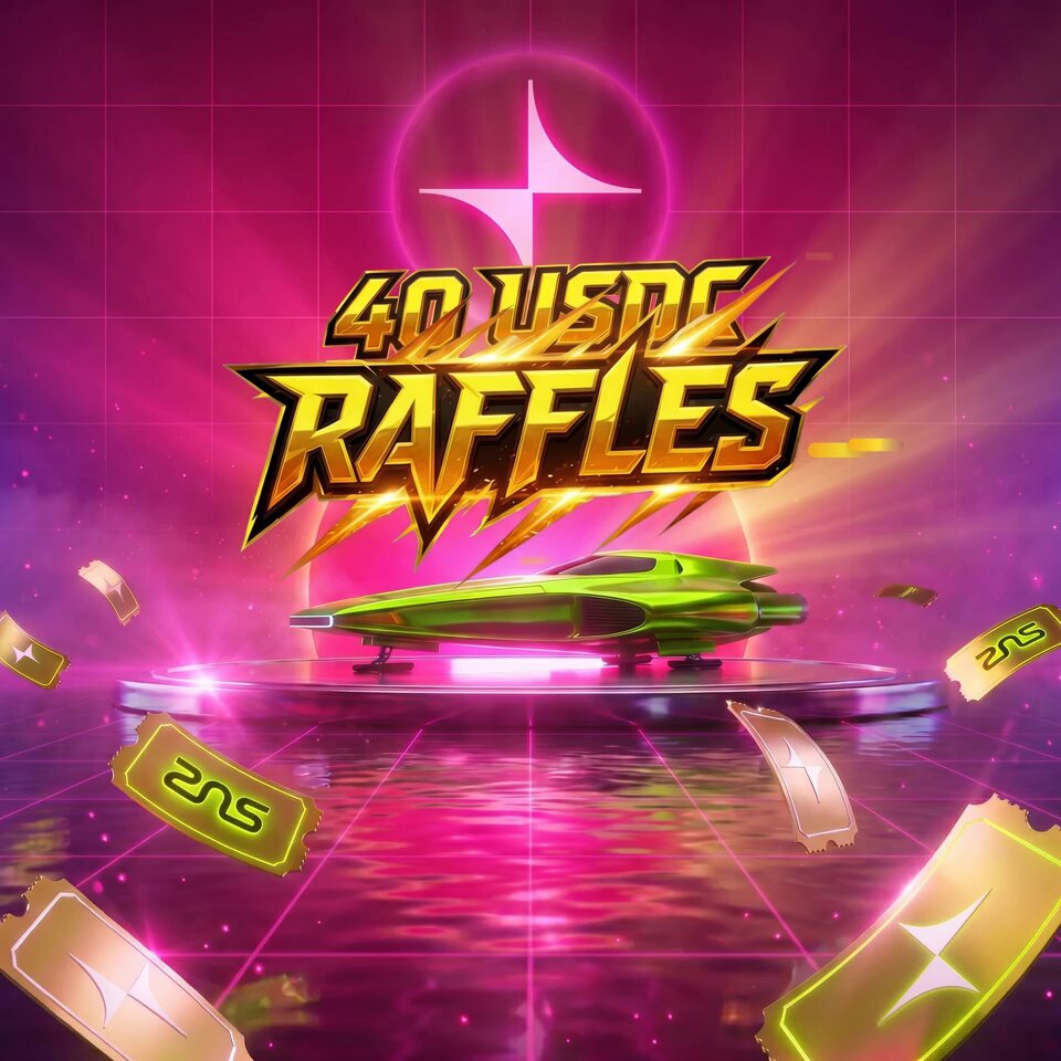 The image features a neon-colored poster for an Unichain Raffle, with a green car as the main attraction. The text "40 USDC Raffles" is displayed above the car, indicating that there are 40 raffles available for people to enter. The poster also includes a star and a number "8", suggesting that eight winners have already been drawn from the raffle. The remaining four winners will be drawn shortly after the current winners have been chosen.
