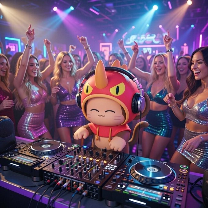 A vibrant club scene featuring a cartoon character in a red horned costume DJing at a mixing console while a crowd of women in sparkly outfits dance under purple stage lights.