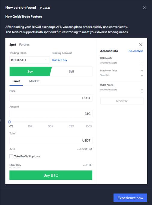 A screenshot of a cryptocurrency trading app interface showing a 'New Quick Trade Feature' for BitGet exchange with BTC/USDT spot trading options and an 'Experience now' button.