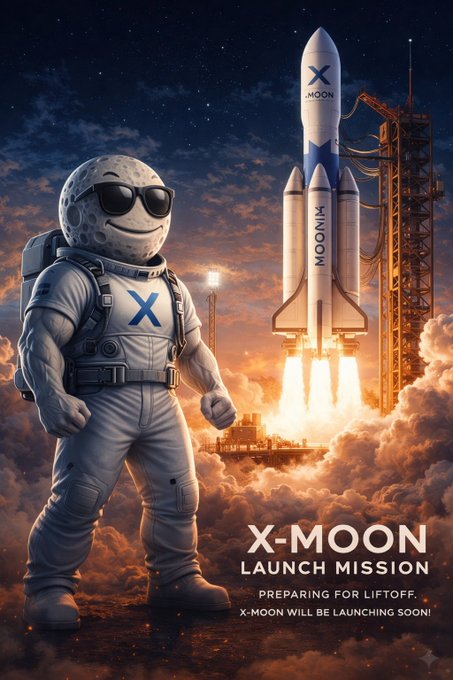 The image shows a moon-themed mascot astronaut with sunglasses standing confidently beside a launching rocket labeled "MOON," with the tagline "X-MOON LAUNCH MISSION — PREPARING FOR LIFTOFF. X-MOON WILL BE LAUNCHING SOON!"

This visually reinforces the post's teaser about the new "X-MOON" meme coin launching on the XRP Ledger (#XRPL), using the rocket and moon imagery as classic crypto hype symbols to signal the upcoming token drop.
