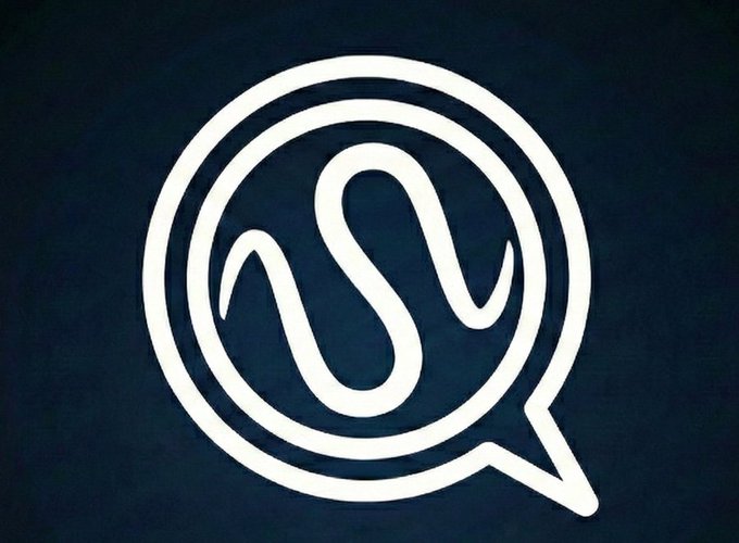 A stylized white logo featuring a stylized 'W' inside a speech bubble design, set against a dark blue textured background.