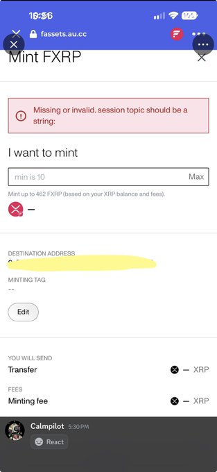 A mobile screenshot of fassets.au.cc showing a "Mint FXRP" page with a red error message reading "Missing or invalid. session topic should be a string." The error occurs when attempting to mint FXRP on Flare, with the interface showing options to input mint amount and destination address.