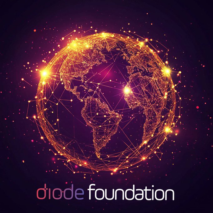 A glowing, wireframe-style globe with interconnected nodes and lights is displayed above the 'diode foundation' logo on a dark purple background.