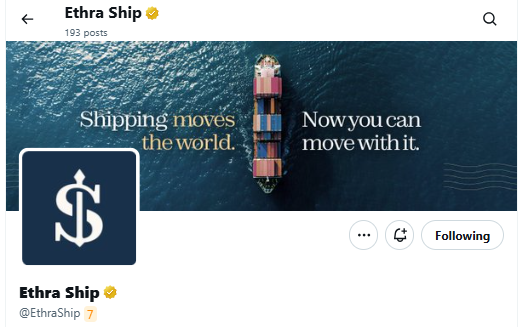 The image displays an Instagram profile for "Etha Ship" (@EthraShip) with 193 posts and a verified badge, featuring an aerial cover photo of a cargo ship at sea with the tagline "Shipping moves the world. Now you can move with it." This visual ties into the post's message about enabling users to contribute maritime data through the Sea Verity network, reinforcing the platform's ship-tracking and real-world data theme.