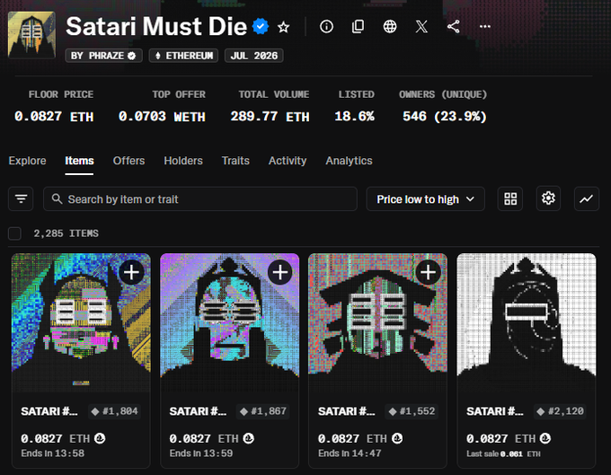 The image shows the OpenSea marketplace listing for the "Satari Must Die" NFT collection by Phraze, with a floor price of 0.0827 ETH, total volume of 289.77 ETH, and 546 unique owners. This directly supports the post's claim of a significant price drop, as the current floor price of 0.0827 ETH confirms the steep decline from the previously mentioned 0.27 ETH.