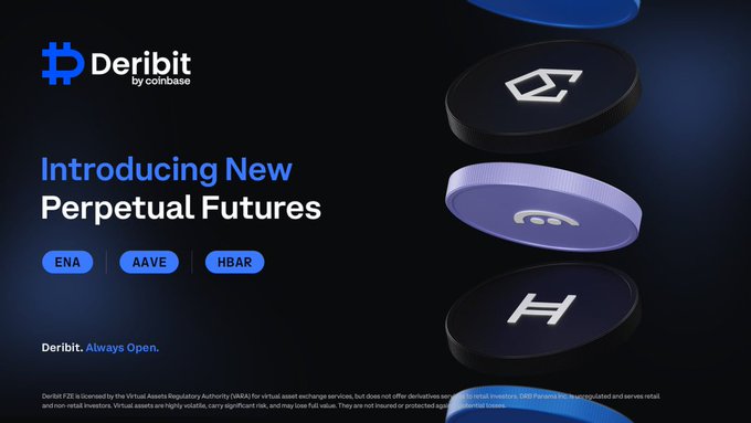 A promotional banner for Deribit by Coinbase announces 'Introducing New Perpetual Futures' for ENA, AAVE, and HBAR, with the tagline 'Deribit. Always Open.'