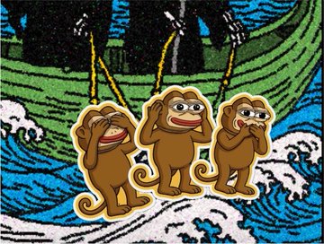 Three cartoon monkeys depicting the "see no evil, hear no evil, speak no evil" pose stand in front of a stylized wave pattern resembling Hokusai's "Great Wave." The image visually represents the "hear no evil" sentiment of the post, suggesting the crypto community is ignoring bearish noise in anticipation of a strong comeback for $Ponke.