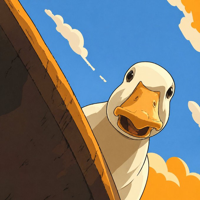 The image features an illustration of a duck with its head tilted upwards, looking directly at the camera. The background shows a blue sky filled with white clouds, giving the impression that the duck is peering out from behind a wall or a building. The text in the image reads "Happy Hump Day Right in the middle of the week. Anyone can show up on a Monday full of energy. Anyone can coast into a Friday. LB is watching." This post seems to be related to the duck illustration, possibly as part of a collection or series featuring various animals and their unique characteristics.