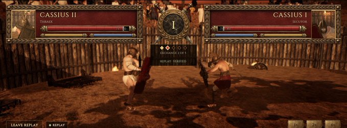 A gladiator combat video game screenshot showing a match between "CASSIUS II TURREX" and "CASSIUS I ICTORIUS" in the Colosseum arena.