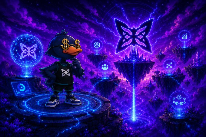 The image features a cartoon character standing on a platform with a purple background that has various symbols and logos surrounding them. The character appears to be wearing glasses and a black shirt. In the corner of the image, there are some text elements such as dollar signs and a butterfly logo. The caption below the image reads: "A note I wrote after another session exploring @quipnetwork The more time I spend exploring, the more depth I seem to discover beneath".