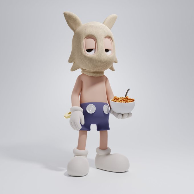 A 3D-rendered designer toy character wearing a beige animal-eared hood, purple shorts, and white shoes, holding a bowl of cereal in one hand and a banana in the other.