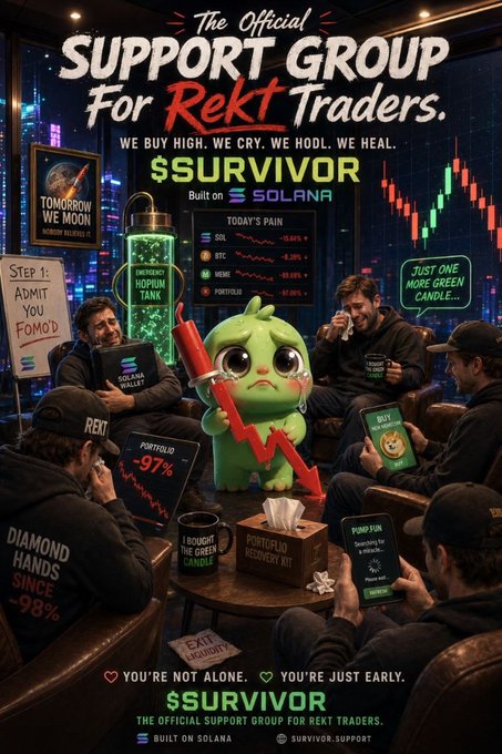 A similar meme poster for '$SURVIVOR Built on Solana', the support group for rekt traders, showing sad traders and a green devil-like character amid crypto losses.