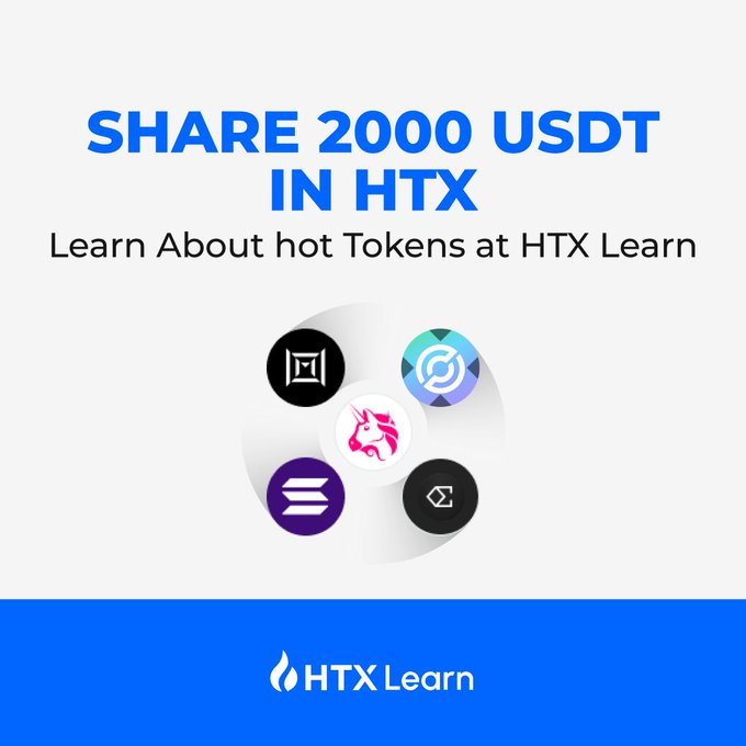 A promotional advertisement for HTX Learn offering to 'SHARE 2000 USDT IN HTX' featuring various cryptocurrency token logos including Solana.