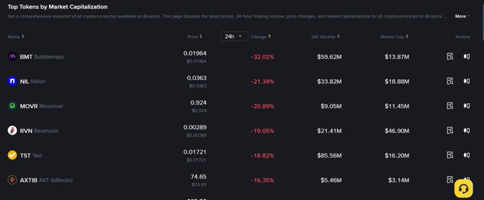 A cryptocurrency market data table titled 'Top Tokens by Market Capitalization' on Binance, listing tokens like BMT, NIL, MOVR, RVN, TST, and AXTIB with prices and negative percentage changes.