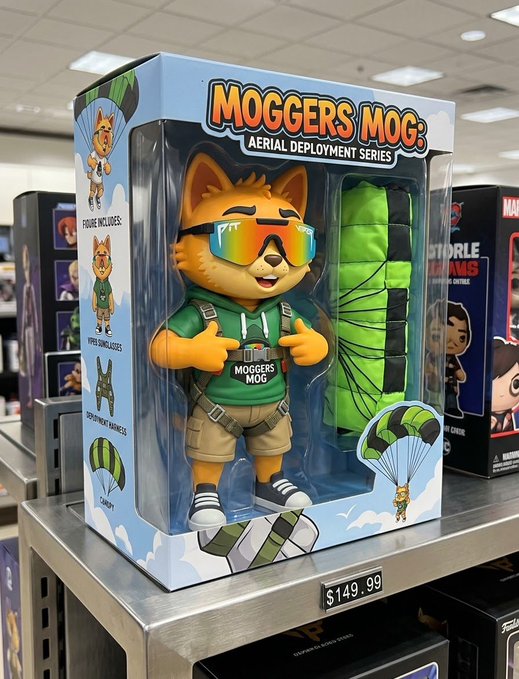 A toy in its packaging labeled "MOGGERS MOG: AERIAL DEPLOYMENT SERIES" featuring a fox-like character with sunglasses, a green hoodie, and a green parachute, priced at $149.99 on a store shelf.