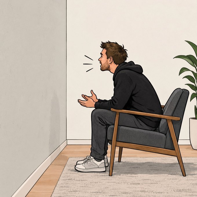 The illustration shows a bearded man in a black hoodie sitting in a gray armchair, gesturing with his hands as if speaking aloud, with sound lines emanating from his mouth—visually representing the "shouting into a wall" metaphor from the post. The scene captures the frustration of diminished engagement, with the man seemingly talking to himself in an empty room, echoing the author's feelings about the decline in interaction on platform X over recent months.