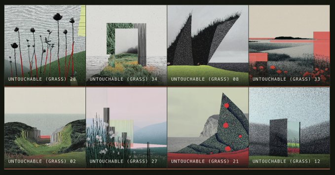 A grid of eight stylized landscape illustrations labeled 'UNTOUCHABLE (GRASS)' with various numbers, featuring abstract natural scenes with geometric elements.