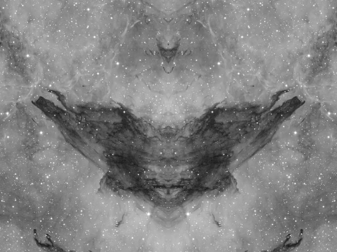 A black and white symmetrical, Rorschach-like image resembling a cosmic nebula or interstellar dust cloud, with star-like points of light scattered throughout.