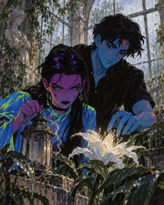 A digital illustration of a purple-skinned woman with dark hair and a blue-skinned man with red markings, together examining a glowing white lily in a lush, vine-filled greenhouse.