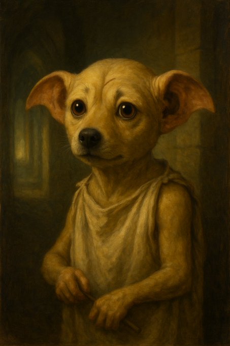 A warm-toned oil painting-style portrait of a small chihuahua wearing a sleeveless cream garment, gazing upward with large, expressive eyes.