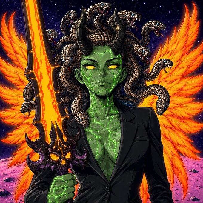 Vibrant digital illustration of a green-skinned demonic figure with horns and glowing yellow eyes, holding a flaming sword and surrounded by snakes and fiery wings.
